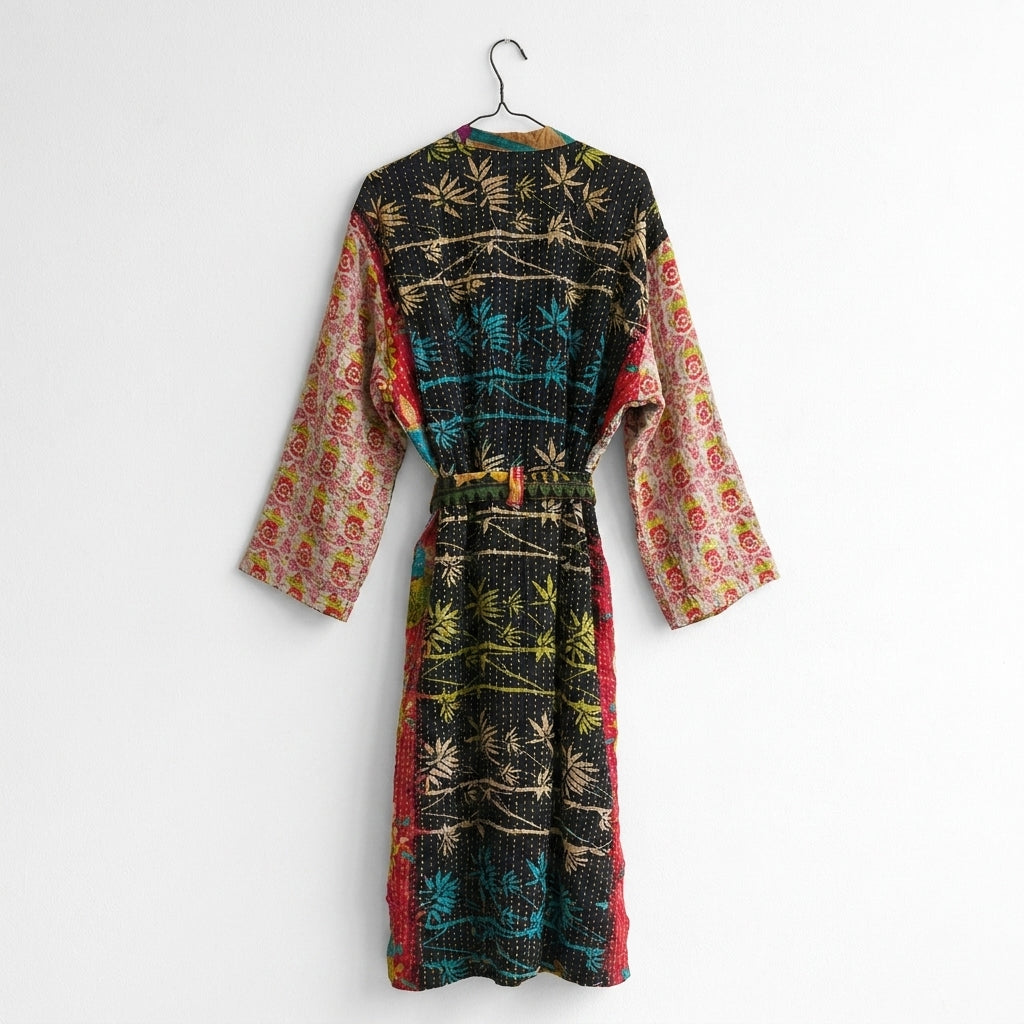 Sari kimono kort – Romantiske blomster i pink og turkis